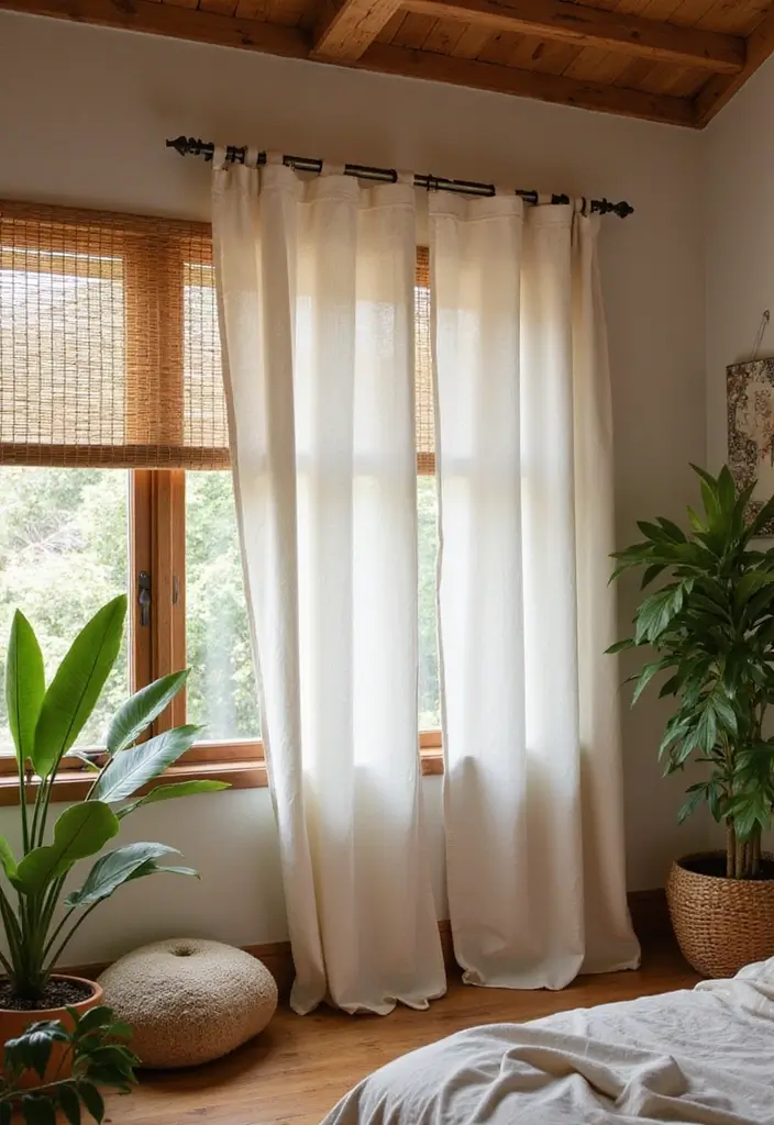 25 Bedroom Curtain Ideas with Blinds That Look Elegant & Practical - 1. Organic Cotton Curtains with Bamboo Blinds