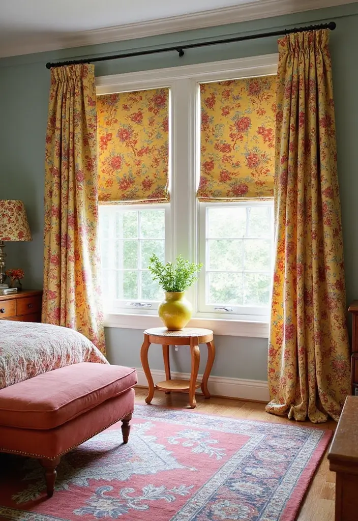 25 Bedroom Curtain Ideas with Blinds That Look Elegant & Practical - 10. Patterned Drapes with Blackout Shades