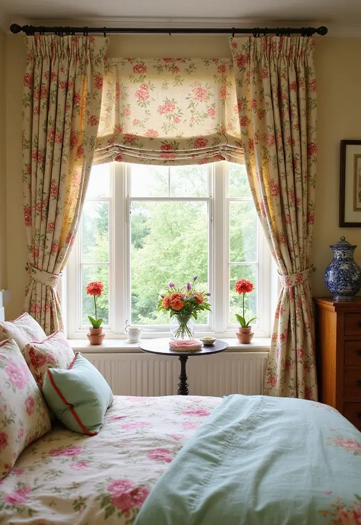 25 Bedroom Curtain Ideas with Blinds That Look Elegant & Practical - 13. Floral Curtains with Layered Shades