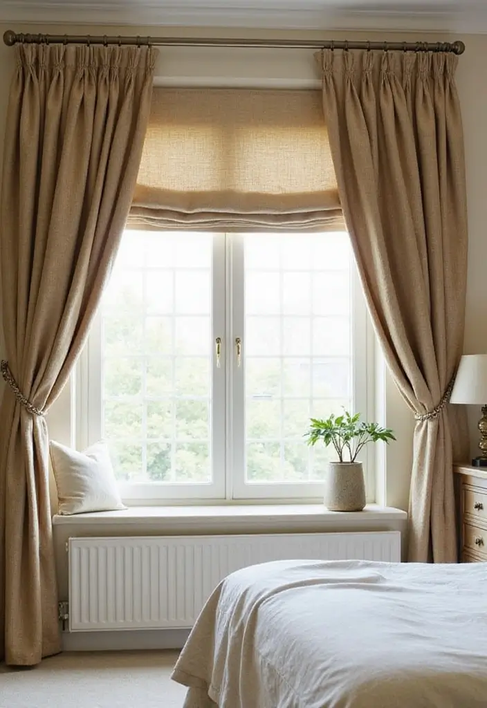 25 Bedroom Curtain Ideas with Blinds That Look Elegant & Practical - 14. Natural Fiber Curtains with Roman Blinds