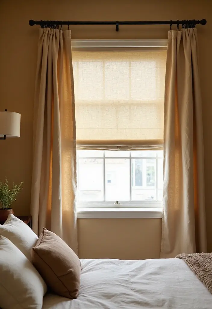 25 Bedroom Curtain Ideas with Blinds That Look Elegant & Practical - 15. Canvas Curtains with Adjustable Slat Blinds