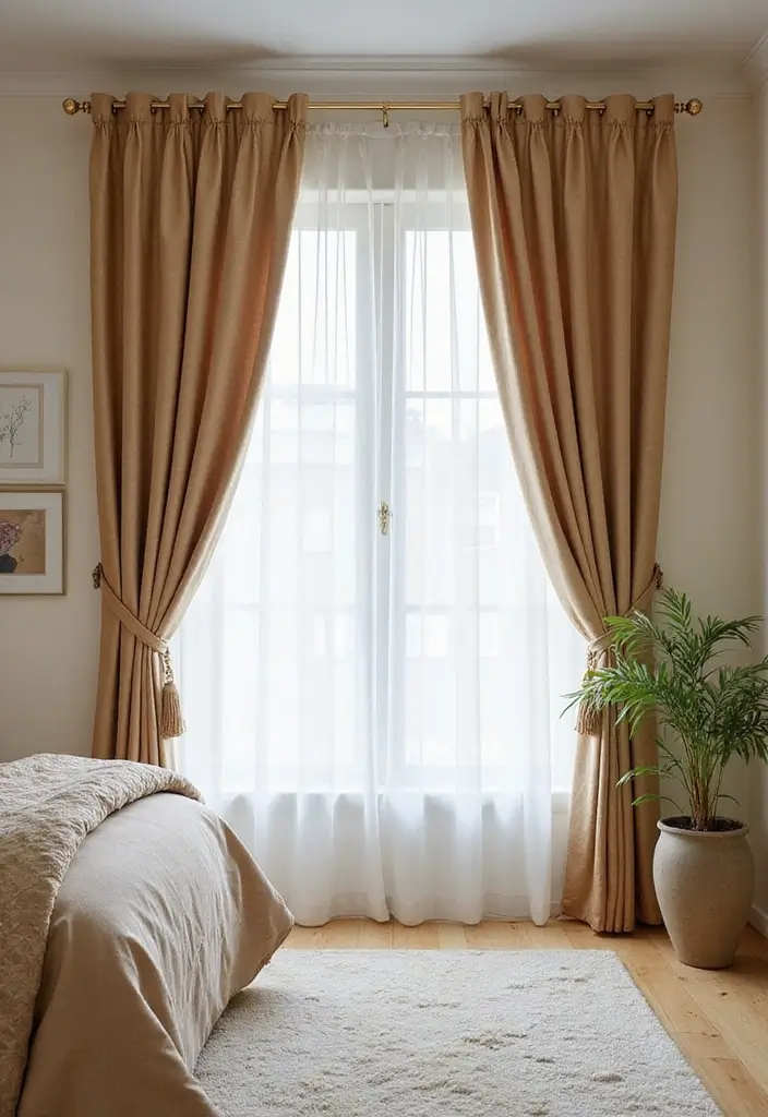 25 Bedroom Curtain Ideas with Blinds That Look Elegant & Practical - 16. Sateen Curtains with Sheer Panels