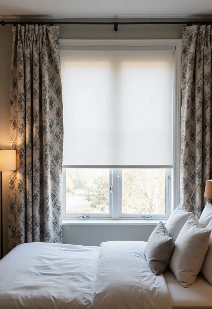 25 Bedroom Curtain Ideas with Blinds That Look Elegant & Practical - 17. Modern Geometric Curtains with Solar Blinds