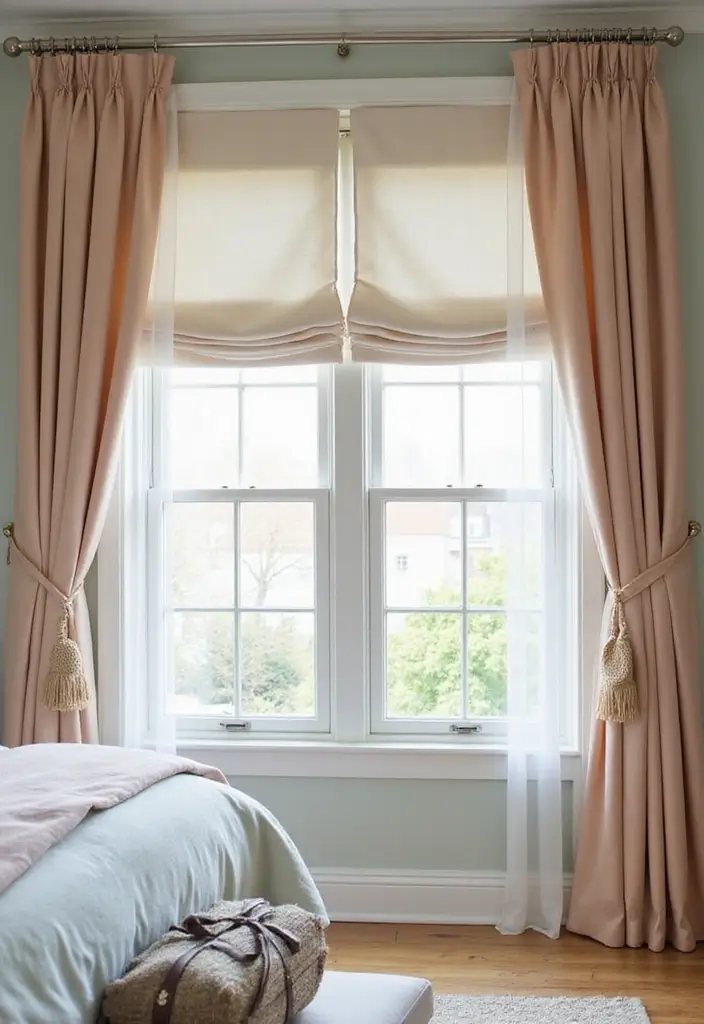 25 Bedroom Curtain Ideas with Blinds That Look Elegant & Practical - 18. Soft Pastel Curtains with Dual Shades