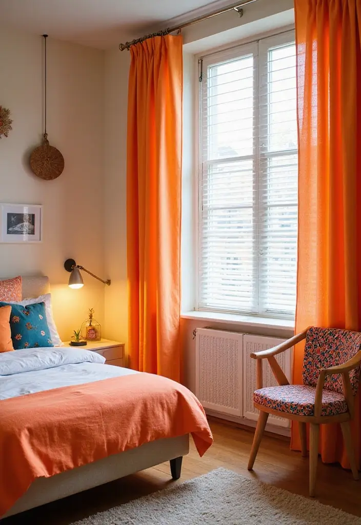 25 Bedroom Curtain Ideas with Blinds That Look Elegant & Practical - 19. Brightly Colored Curtains with Blinds