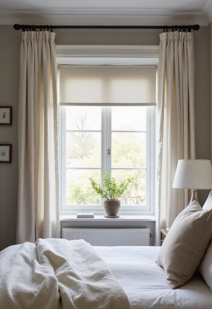 25 Bedroom Curtain Ideas with Blinds That Look Elegant & Practical - 2. Linen Curtains and Roller Blinds