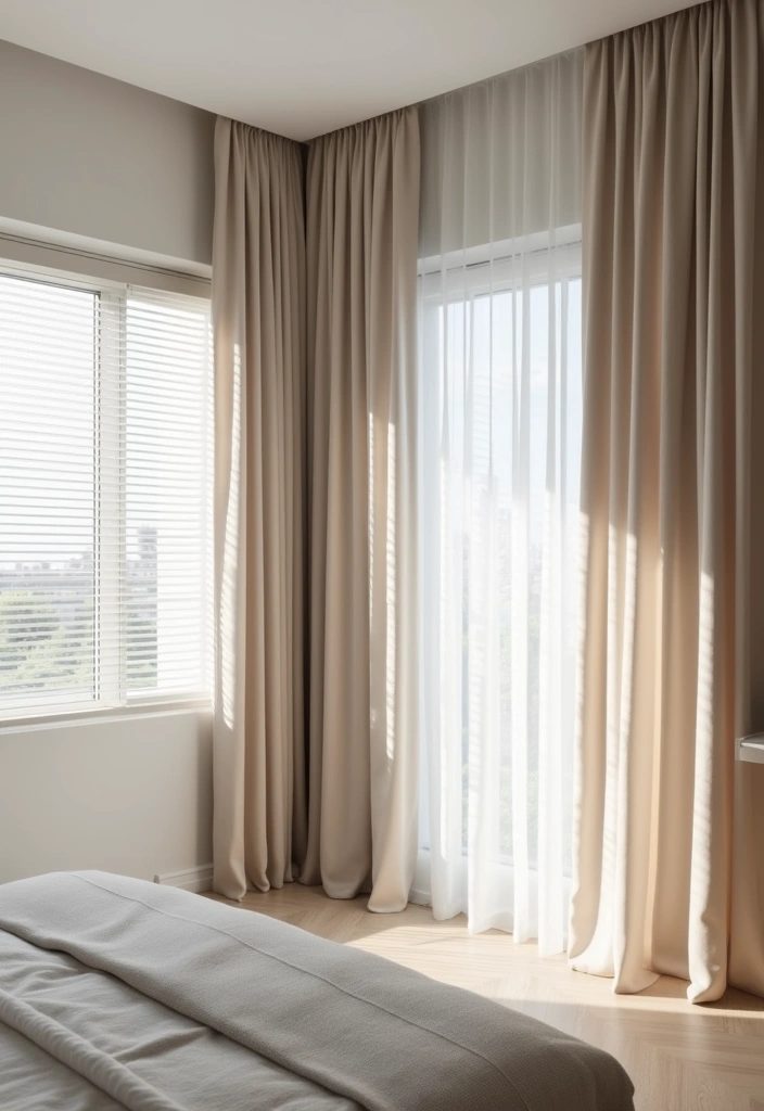 25 Bedroom Curtain Ideas with Blinds That Look Elegant & Practical - 20. Minimalist Curtains with Horizontal Blinds