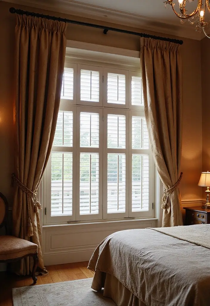25 Bedroom Curtain Ideas with Blinds That Look Elegant & Practical - 21. Elegant Silk Curtains with Shutter Blinds