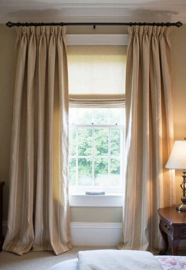 25 Bedroom Curtain Ideas with Blinds That Look Elegant & Practical - 23. Timeless Stripe Curtains with Classic Blinds