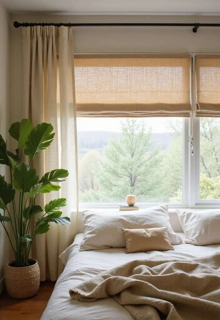 25 Bedroom Curtain Ideas with Blinds That Look Elegant & Practical - 24. Eco-Friendly Recycled Fabric Curtains with Faux Blinds