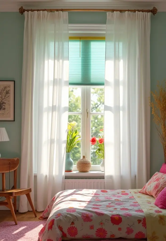 25 Bedroom Curtain Ideas with Blinds That Look Elegant & Practical - 25. Bright White Curtains with Colorful Blinds
