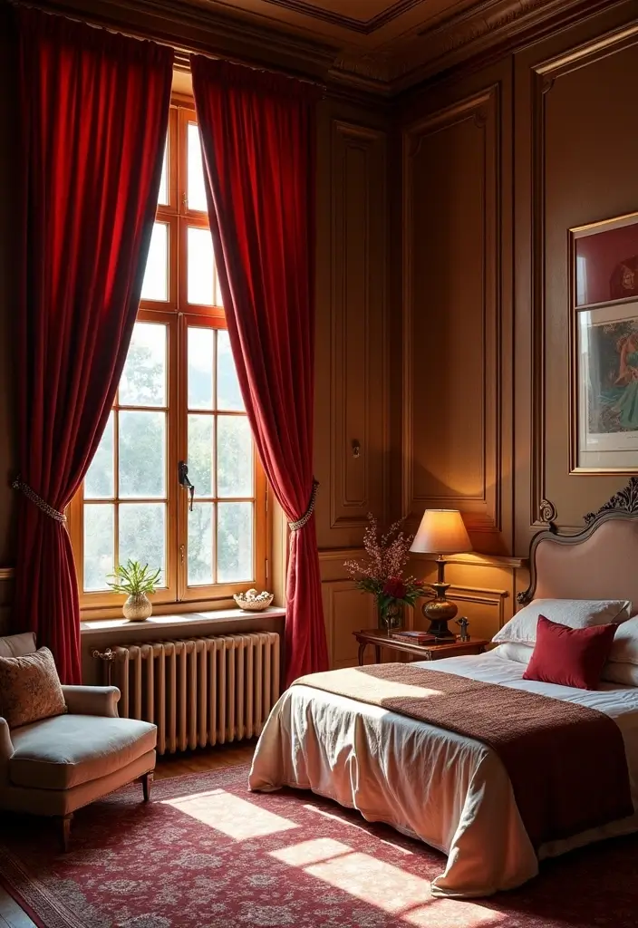 25 Bedroom Curtain Ideas with Blinds That Look Elegant & Practical - 3. Velvet Curtains with Wooden Blinds