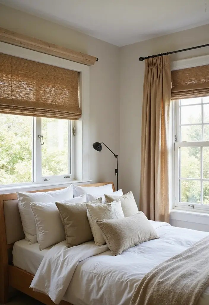 25 Bedroom Curtain Ideas with Blinds That Look Elegant & Practical - 5. Eco-Friendly Hemp Curtains with Faux Wood Blinds