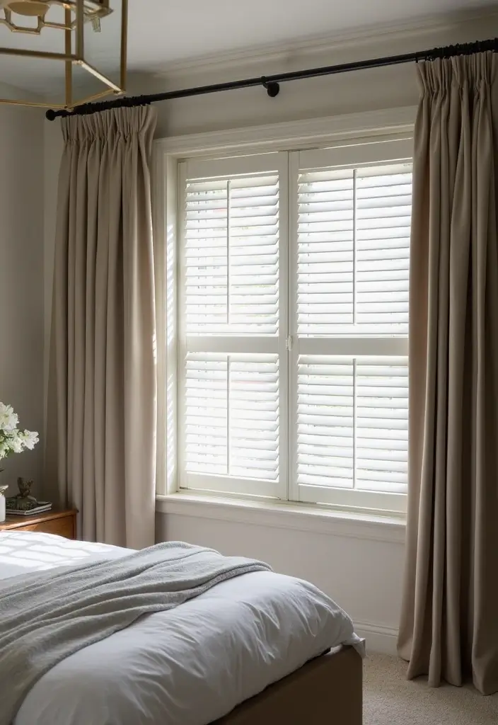 25 Bedroom Curtain Ideas with Blinds That Look Elegant & Practical - 7. Solid Blackout Curtains with Venetian Blinds