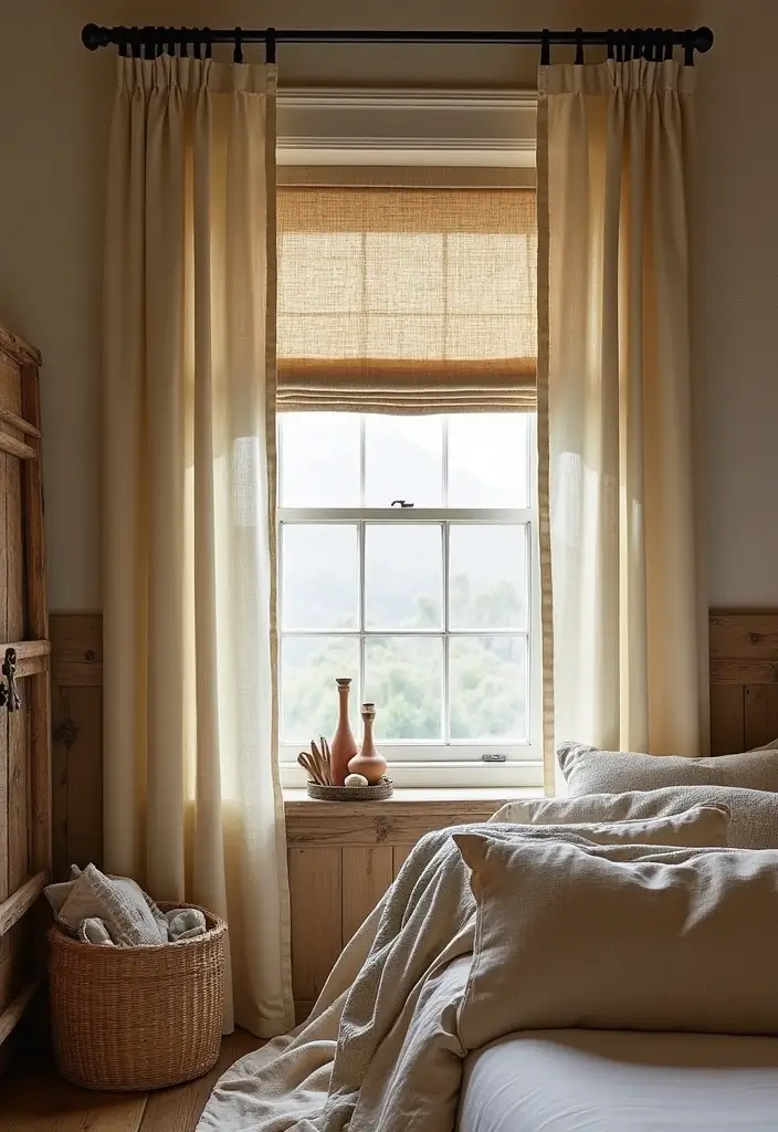 25 Bedroom Curtain Ideas with Blinds That Look Elegant & Practical - 8. Rustic Canvas Curtains with Roller Shades