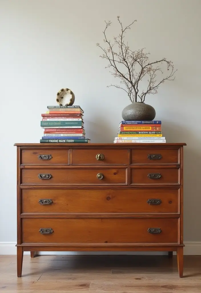 25 Bedroom Dresser Decor Ideas That Make the Room Feel Complete - 3. Stacked Books for Style