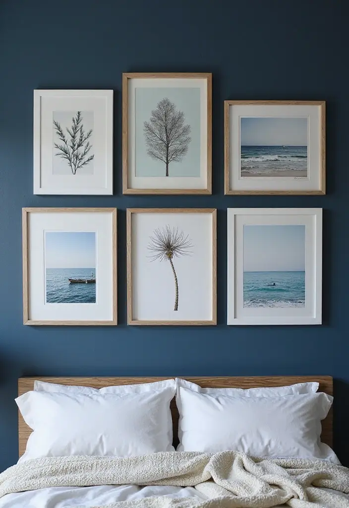 25 Bedroom Ideas in Dark Blue That Bring Calm and Confidence - 10. Coastal Gallery Wall