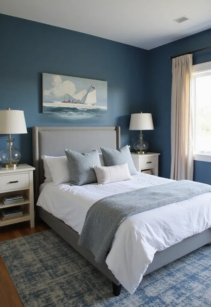 25 Bedroom Ideas in Dark Blue That Bring Calm and Confidence - 14. Beach-Inspired Artwork