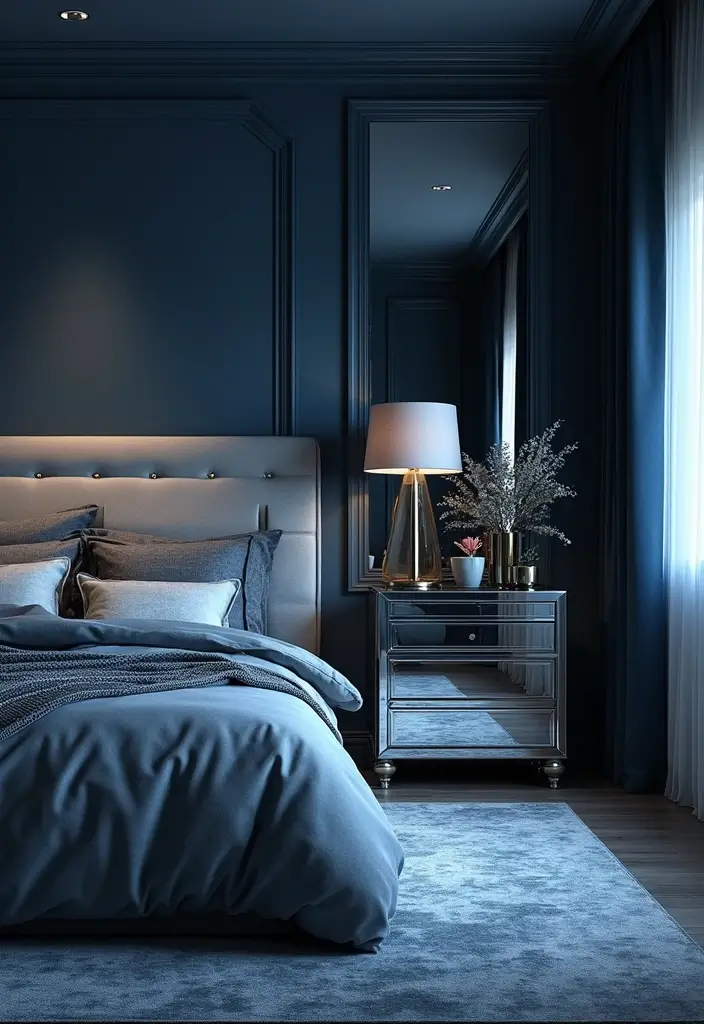 25 Bedroom Ideas in Dark Blue That Bring Calm and Confidence - 17. Reflective Surfaces