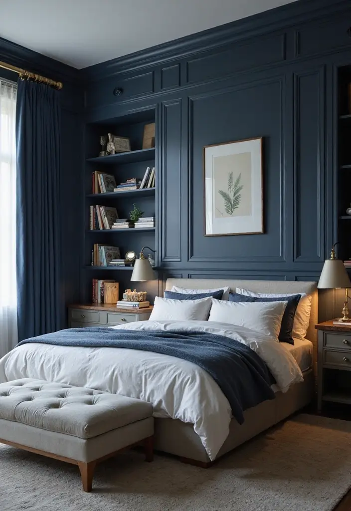 25 Bedroom Ideas in Dark Blue That Bring Calm and Confidence - 19. Custom Built-ins