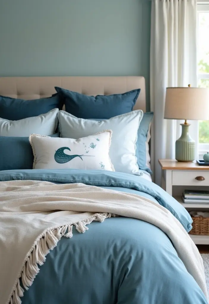 25 Bedroom Ideas in Dark Blue That Bring Calm and Confidence - 2. Coastal-Inspired Textiles