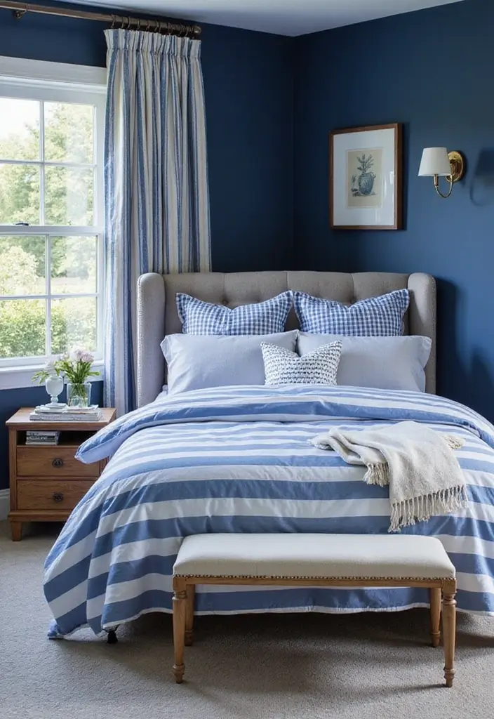 25 Bedroom Ideas in Dark Blue That Bring Calm and Confidence - 22. Blue and White Stripes