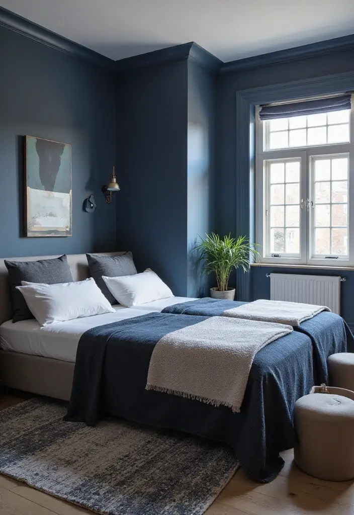 25 Bedroom Ideas in Dark Blue That Bring Calm and Confidence - 24. Using Dark Blue in a Shared Space