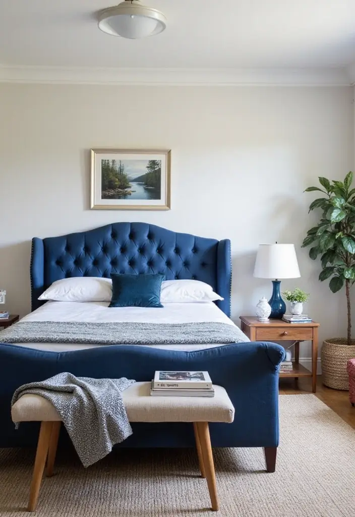 25 Bedroom Ideas in Dark Blue That Bring Calm and Confidence - 9. Statement Furniture Pieces