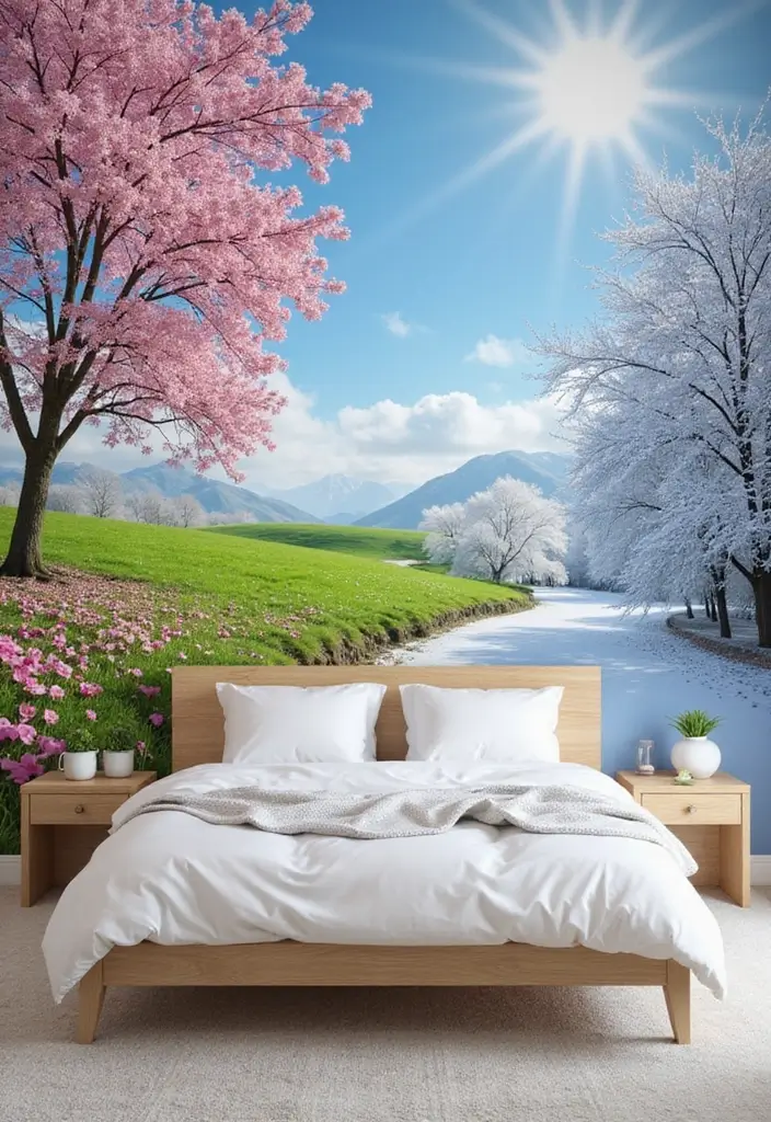 25 Bedroom Mural Ideas Paint That Turn Walls into Art - 20. Seasonal Landscapes