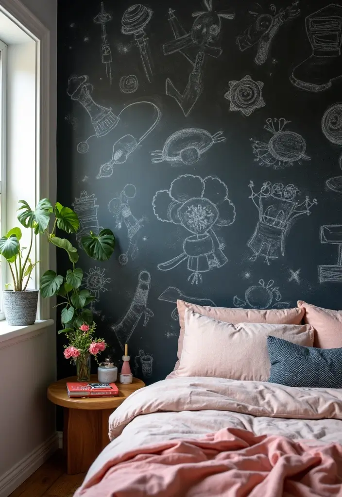 25 Bedroom Mural Ideas Paint That Turn Walls into Art - 24. Interactive Chalkboard Wall