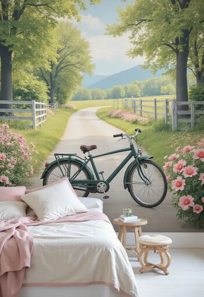 25 Bedroom Mural Ideas Paint That Turn Walls into Art - 25. Vintage Bicycle on a Country Lane
