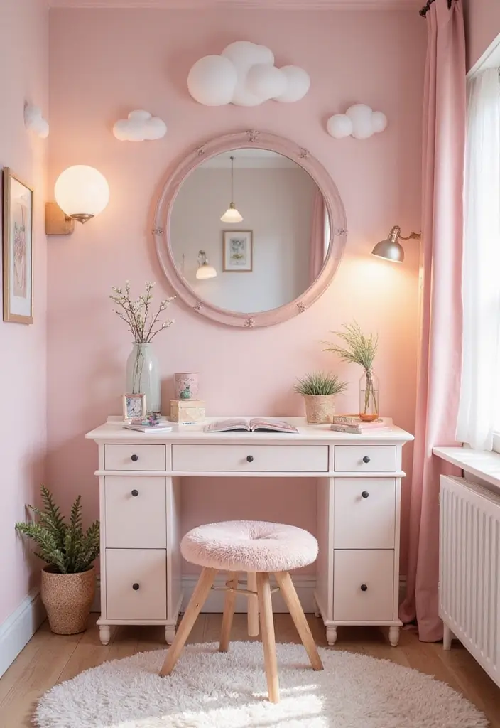25 Bedroom with Vanity Ideas That Feel Glamorous & Practical - 16. Soft Pastels and Whimsical Elements