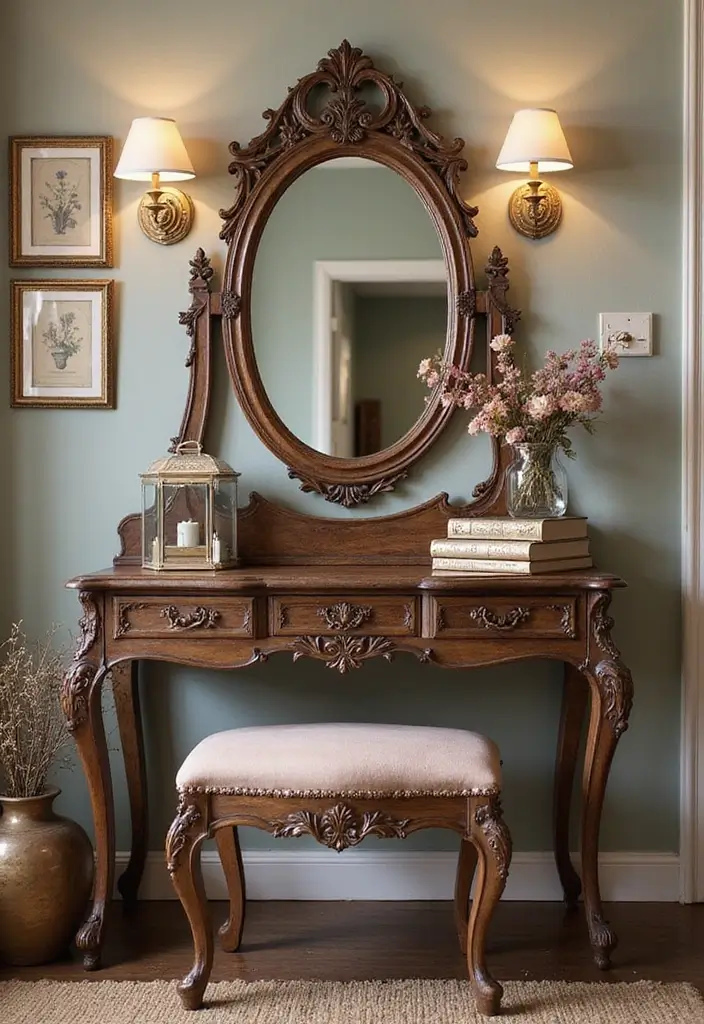 25 Bedroom with Vanity Ideas That Feel Glamorous & Practical - 2. Vintage-Inspired Glamour