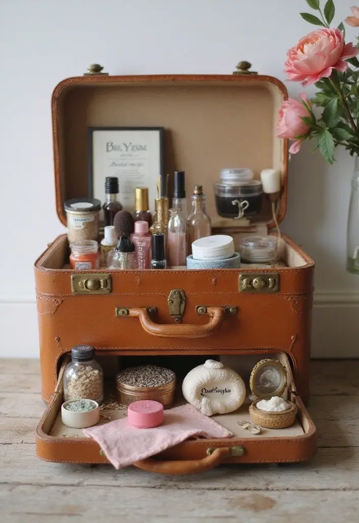 25 Bedroom with Vanity Ideas That Feel Glamorous & Practical - 22. Vintage Suitcase Vanity