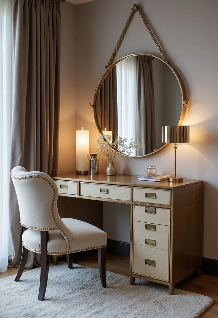25 Bedroom with Vanity Ideas That Feel Glamorous & Practical - 3. Modern Glam with Metallic Accents