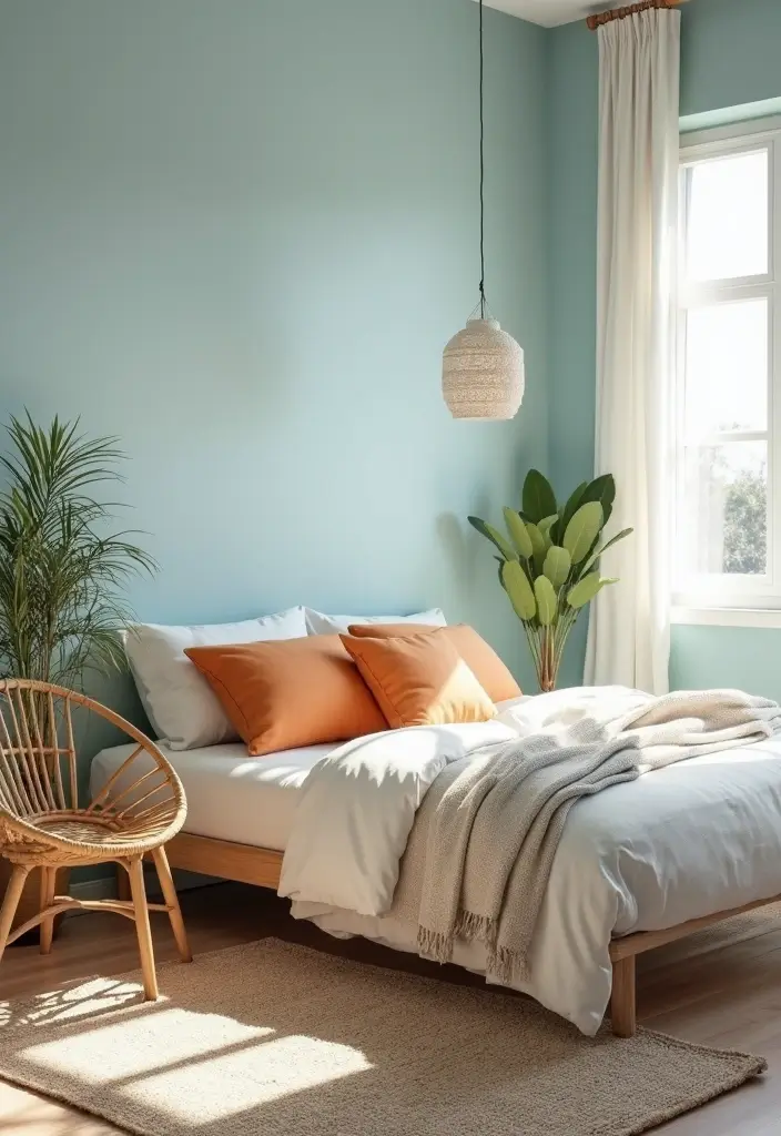 25 Blue and Orange Bedroom Ideas That Are Vibrant & Unexpected - 1. Coastal Calm with a Pop of Orange
