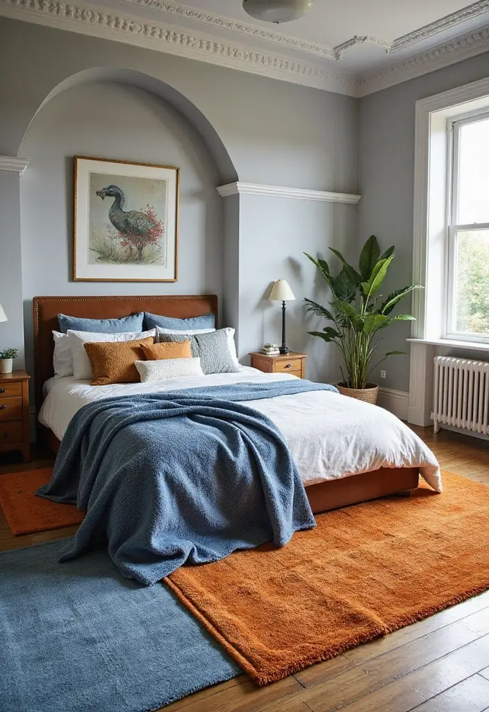 25 Blue and Orange Bedroom Ideas That Are Vibrant & Unexpected - 10. Layering with Rugs