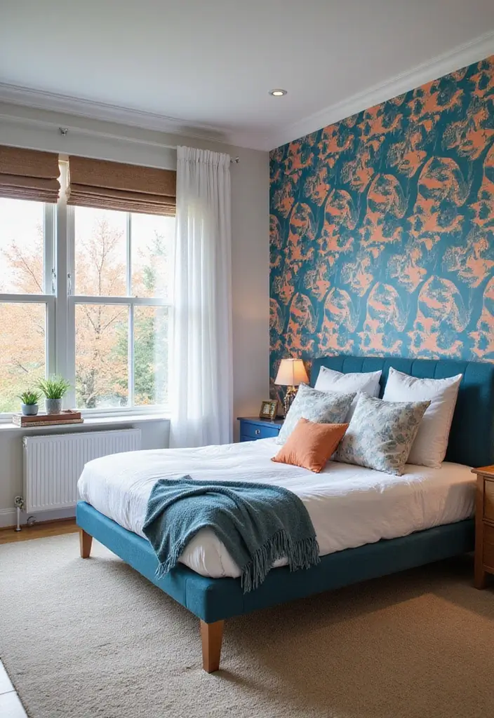 25 Blue and Orange Bedroom Ideas That Are Vibrant & Unexpected - 11. Playful Wallpaper