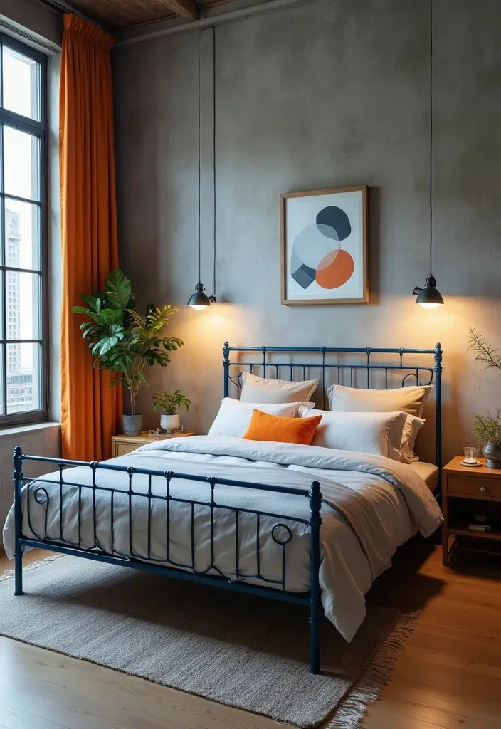 25 Blue and Orange Bedroom Ideas That Are Vibrant & Unexpected - 12. Industrial Chic