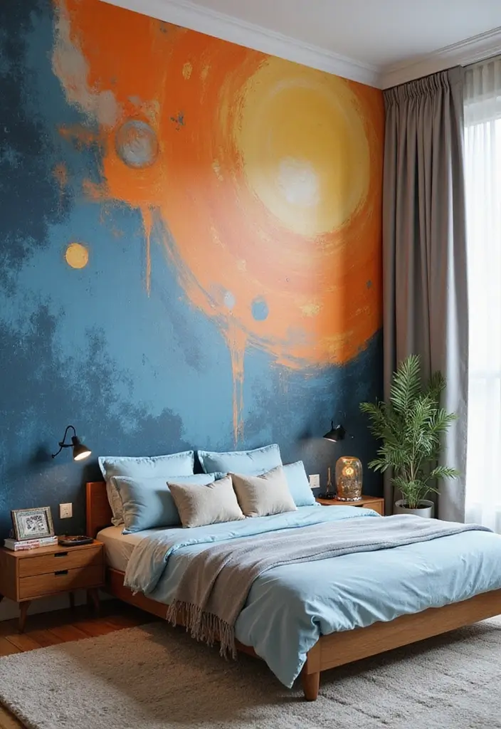 25 Blue and Orange Bedroom Ideas That Are Vibrant & Unexpected - 14. Artistic Expression