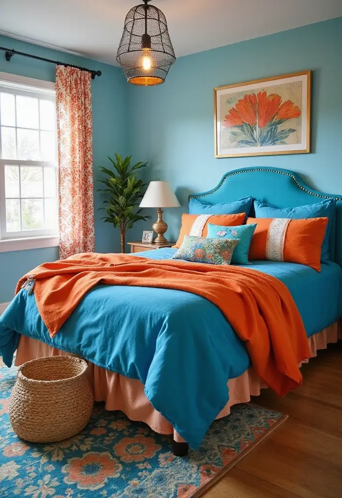 25 Blue and Orange Bedroom Ideas That Are Vibrant & Unexpected - 16. Bright Bedding Choices