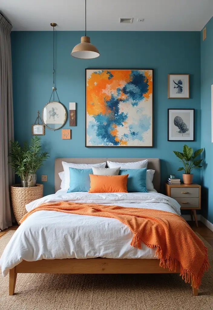 25 Blue and Orange Bedroom Ideas That Are Vibrant & Unexpected - 17. Wall Art and Decor