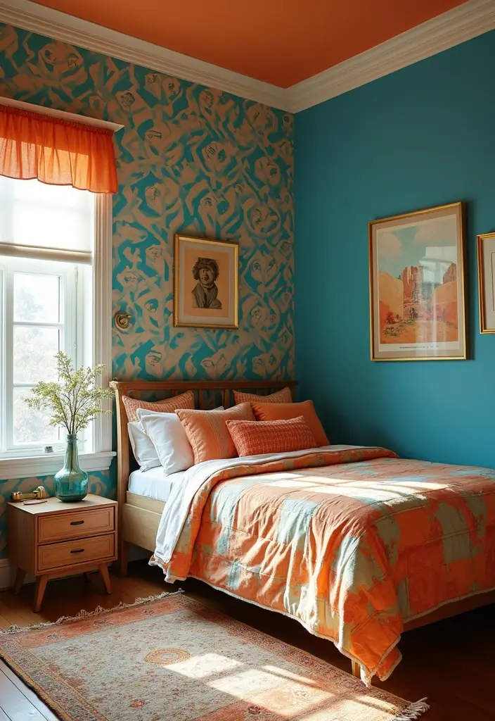 25 Blue and Orange Bedroom Ideas That Are Vibrant & Unexpected - 2. Retro Vibes with Geometric Patterns