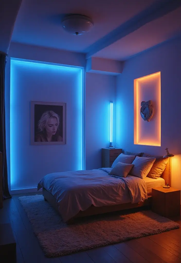 25 Blue and Orange Bedroom Ideas That Are Vibrant & Unexpected - 23. Creative Lighting