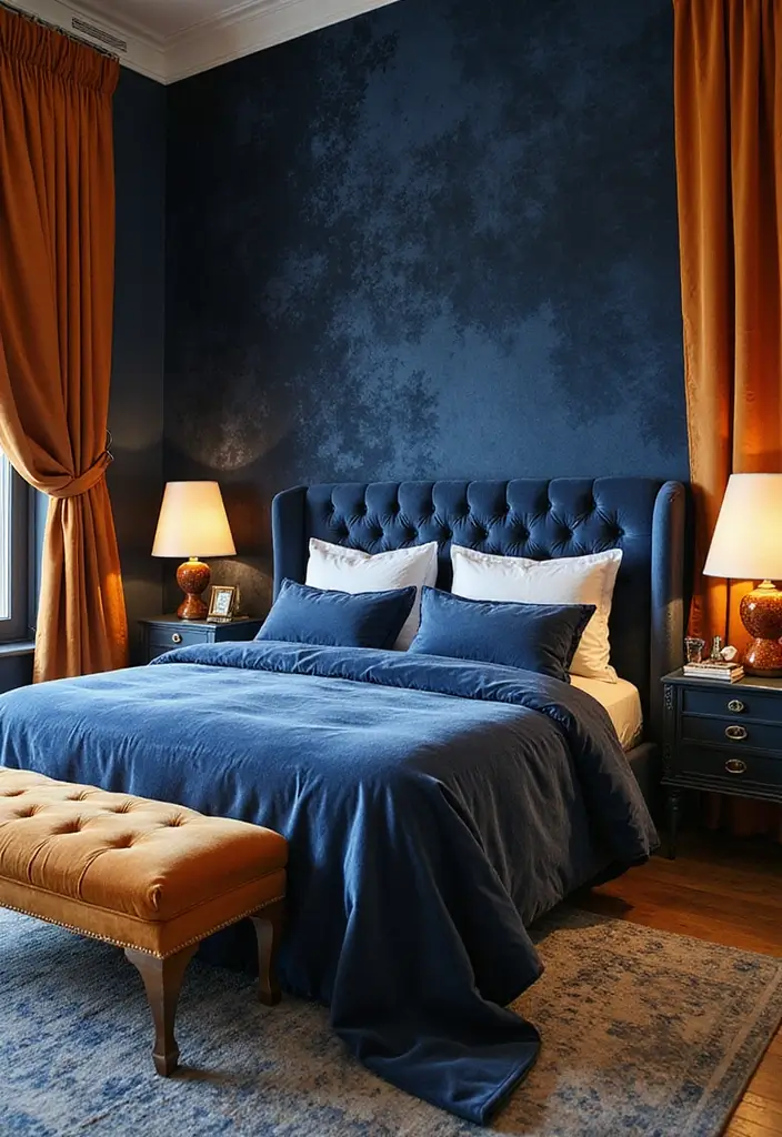 25 Blue and Orange Bedroom Ideas That Are Vibrant & Unexpected - 3. Luxe Textures: Velvet and Silk