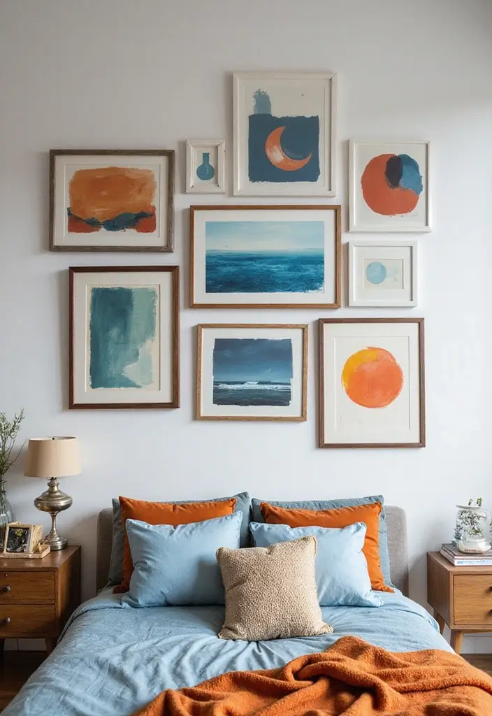 25 Blue and Orange Bedroom Ideas That Are Vibrant & Unexpected - 4. Eclectic Art Display
