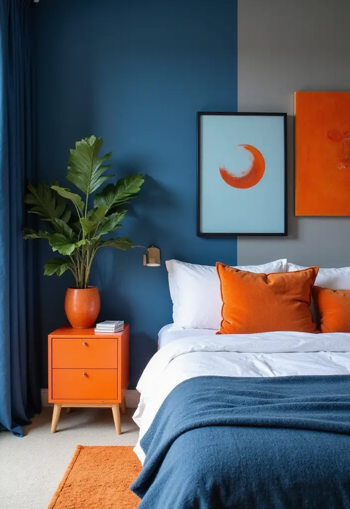 25 Blue and Orange Bedroom Ideas That Are Vibrant & Unexpected - 5. Bold Accent Wall