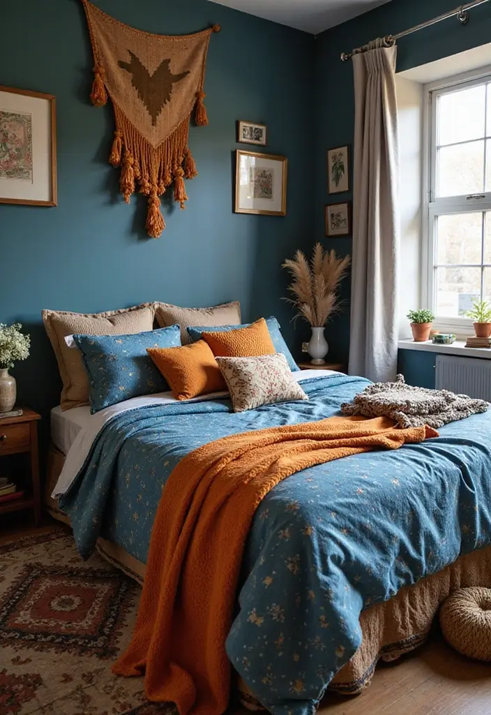 25 Blue and Orange Bedroom Ideas That Are Vibrant & Unexpected - 7. Bohemian Charm