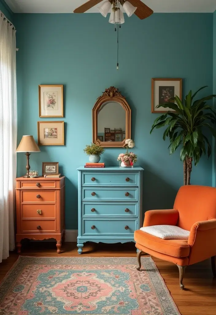25 Blue and Orange Bedroom Ideas That Are Vibrant & Unexpected - 9. Vintage Finds