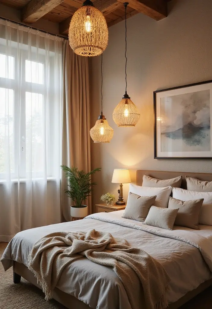 25 Cozy Bedroom Lighting Ideas That Set the Perfect Mood - 23. Natural Fiber Light Fixtures